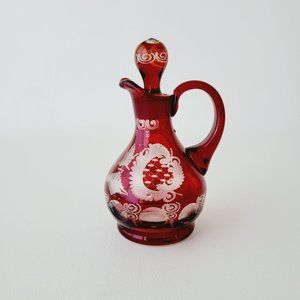 Egermann Bohemian Ruby Red Glass Cruet w/Bird & Swirls, Vintage Czech Cut Glass